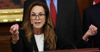 Rep. Lisa McClain, R-Mich., chairwoman of the House Republican Conference, discusses the government shutdown at a press conference Wednesday at the Capitol.