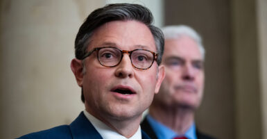 House Speaker Mike Johnson discusses the government shutdown in front of his office.