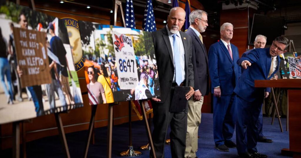 From left, Republican Reps. Chip Roy of Texas, Andy Harris of Maryland, House Majority Whip Tom Emmer of Minnesota, and House Majority Leader Steve Scalise and House Speaker Mike Johnson, both of Louisiana, on Monday display and criticize disturbing images from Saturday's left-wing "No Kings" protests held across the country denouncing the Trump administration.