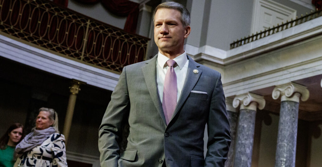 Rep. Riley Moore, R-W.Va., walks through the Old Senate Chamber of the Capitol on Jan. 14.