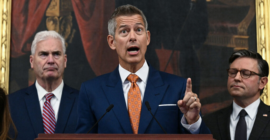 From left, House Majority Whip Tom Emmer, R-Minn.; Transportation Secretary Sean Duffy; and Speaker of the House Mike Johnson, R-La., speak on the federal government shutdown in the Capitol's Rayburn Room.