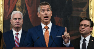 From left, House Majority Whip Tom Emmer, R-Minn.; Transportation Secretary Sean Duffy; and Speaker of the House Mike Johnson, R-La., speak on the federal government shutdown in the Capitol's Rayburn Room.