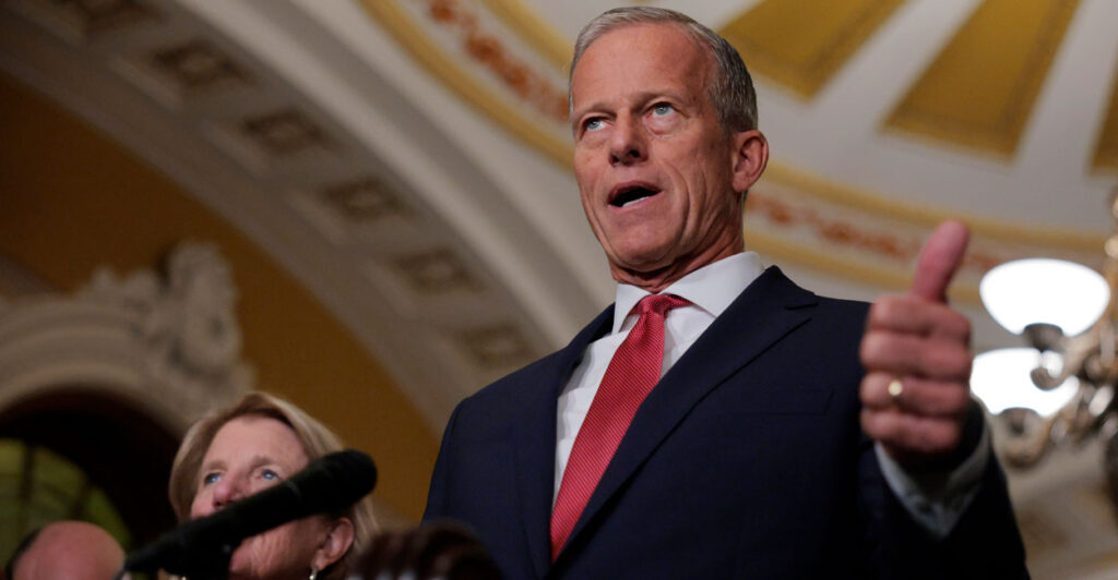Senate Majority Leader John Thune speaks at a press conference.