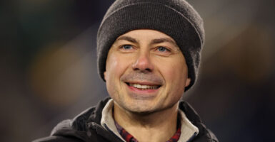Former Sec. of Transportation Pete Buttigieg looks on prior to the Playoff First Round game between the Indiana Hoosiers and the Notre Dame Fighting Irish at Notre Dame Stadium on Dec. 20, 2024.