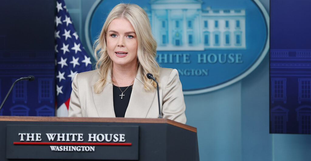 Presidential press secretary Karoline Leavitt behind the lectern at the White House