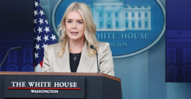 Presidential press secretary Karoline Leavitt behind the lectern at the White House