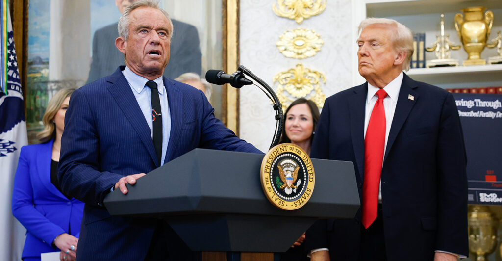 Health and Human Services Secretary Robert F. Kennedy Jr. delivers remarks alongside President Donald Trump at an event at the White House on Thursday. Trump outlined plans to expand access to in vitro fertilization by encouraging workplace benefits to include access to IVF and infertility coverage.