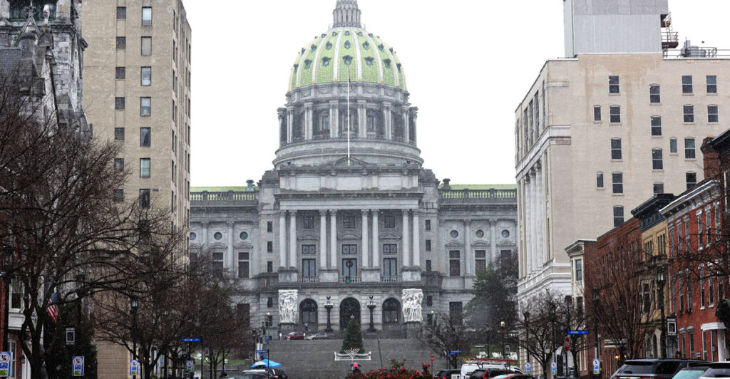 The Pennsylvania state Capitol in Harrisburg, Pennsylvania, seen from a distance