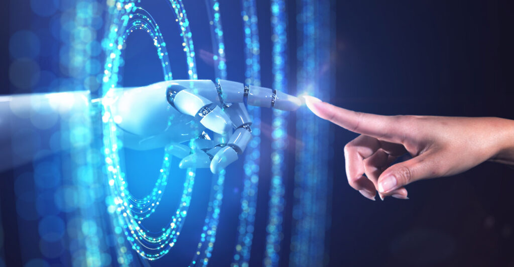 A graphic showing a human finger reaching out to touch a robotic finger emerging from rings of blue light.