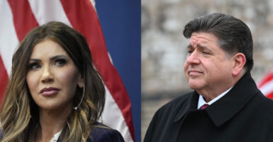 Side-by-side portraits of Kristi Noem and JB Pritzker.