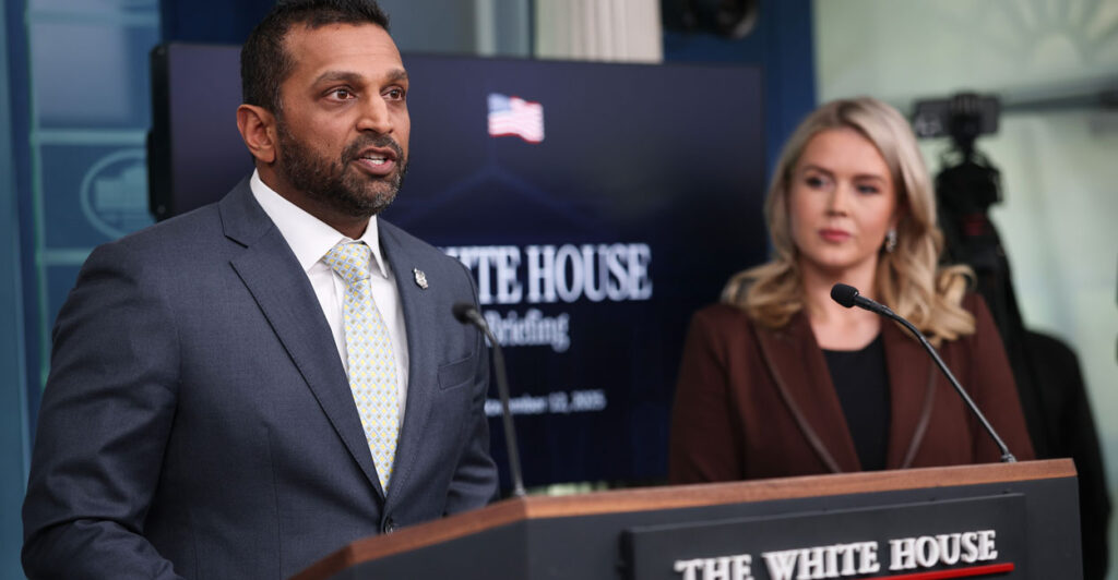 FBI Director Kash Patel speaks as White House press secretary Karoline Leavitt looks on during a press briefing at the White House on Nov. 12