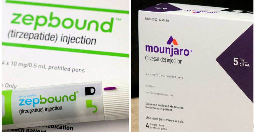 A combination image shows an injection pen of Zepbound and a box of Mounjaro.