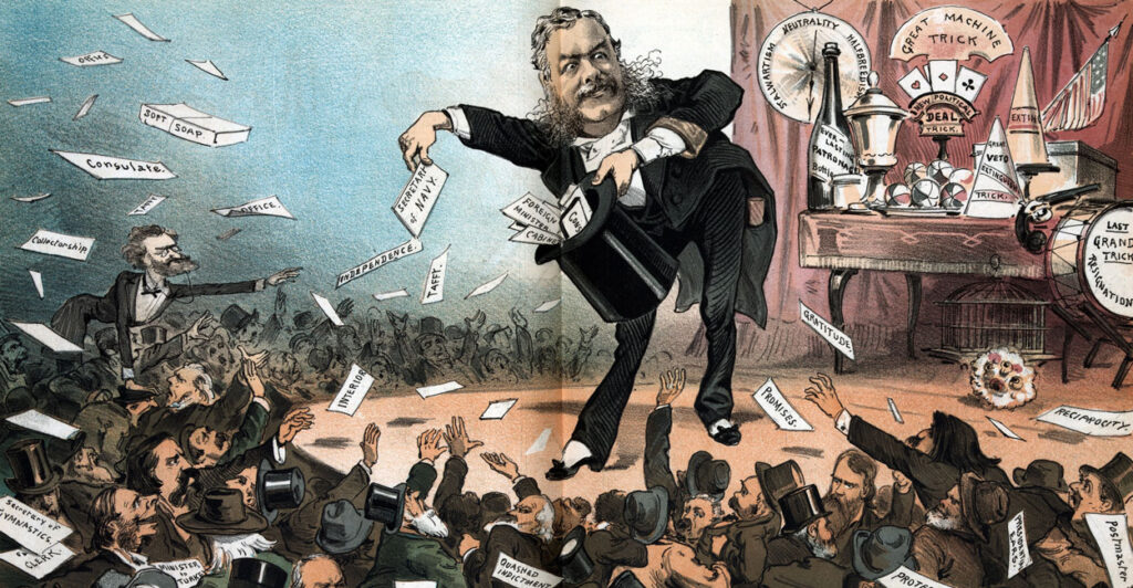 A political cartoon depicting President Chester Arthur as a magician pulling patronage jobs out of a hat.