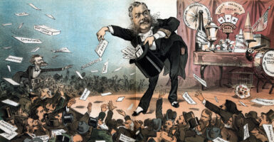 A political cartoon depicting President Chester Arthur as a magician pulling patronage jobs out of a hat.