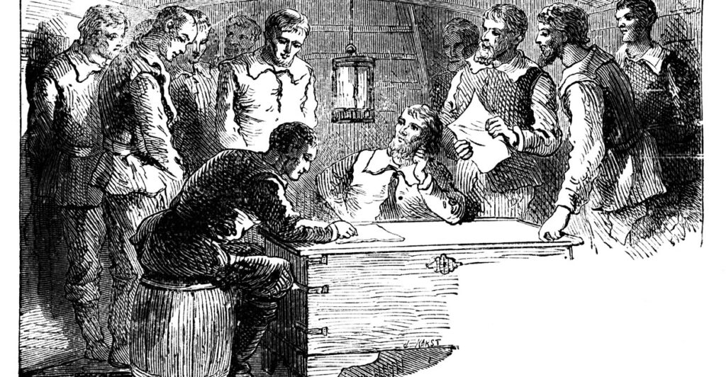 An etching of the signing of the Mayflower Compact.