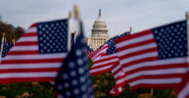 American flags flutter in front of the U.S. Capitol more than a month into the continuing U.S. government shutdown in Washington, D.C., U.S., November 7, 2025. REUTERS/Nathan Howard/File Photo