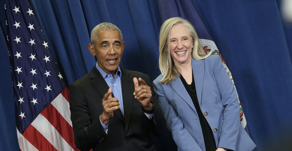 Barack Obama and Abigail Spanberger pose for a photo. Before they spoke, Jay Jones appeared at their rally, tying the Democrats to Jones' politically violent rhetoric.