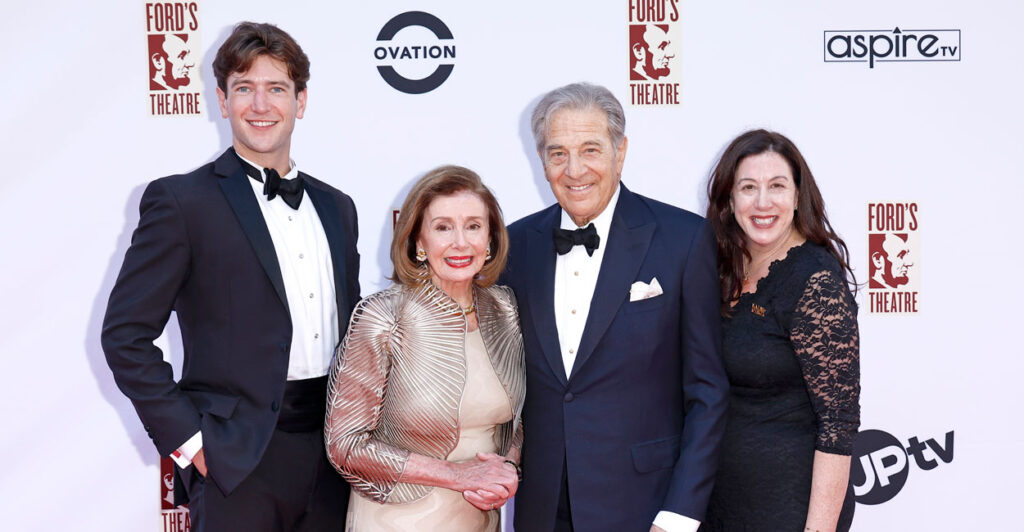From left to right, Liam Kenneally, Rep. Nancy Pelosi, D-Calif., Paul Pelosi, and Christine Pelosi attend a gala at Ford's Theatre.