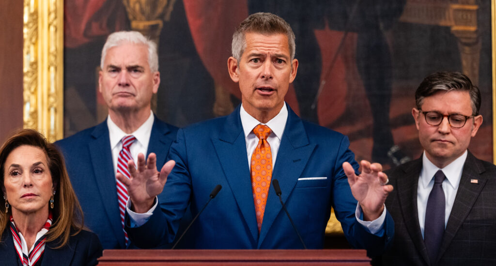 U.S. Secretary of Transportation Sean Duffy speaks alongside Representative Lisa McClain (R-MI), Representative Tom Emmer (R-MN), and U.S. Speaker of the House Mike Johnson (R-LA) during a press conference on air traffic controller pay and the government shutdown at the U.S. Capitol on October 23, 2025 in Washington, DC.
