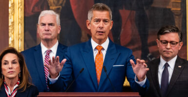 U.S. Secretary of Transportation Sean Duffy speaks alongside Representative Lisa McClain (R-MI), Representative Tom Emmer (R-MN), and U.S. Speaker of the House Mike Johnson (R-LA) during a press conference on air traffic controller pay and the government shutdown at the U.S. Capitol on October 23, 2025 in Washington, DC.