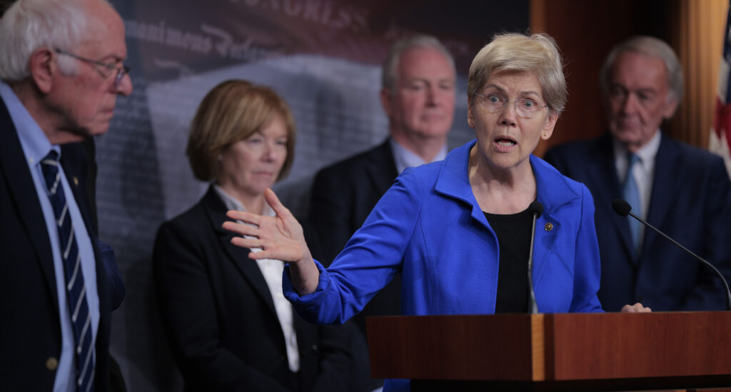 Sen. Elizabeth Warren speaks during a news conference with Senate Health, Education, Labor and Pensions Committee ranking member Bernie Sanders, Sen. Tina Smith, Sen. Chris Van Hollen and Sen. Edward Markey on the 29th day of the federal government shutdown at the U.S. Capitol on October 29, 2025 in Washington, DC.