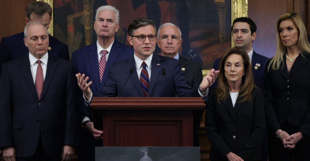 U.S. Speaker of the House Mike Johnson, R-La., speaks during a news conference with the House Republican leadership.