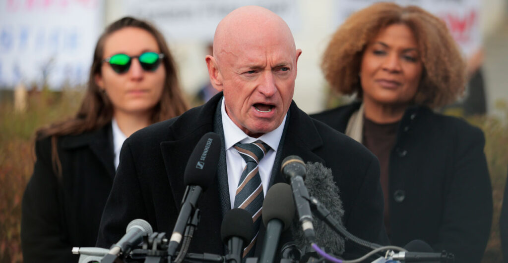 Sen. Mark Kelly, R-Ariz., speaks during a news conference on the "Epstein Files" outside the U.S. Capitol on November 18, 2025 in Washington, DC.