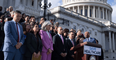 House Minority Leader Hakeem Jeffries leads a news conference with Democratic members of the House.