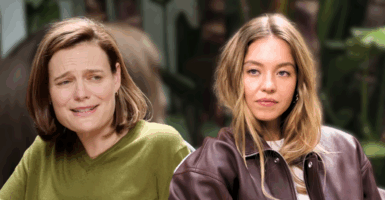 Side by side of a brunette woman in a green sweater next to actress Sydney Sweeney, who is blonde and wearing a brown leather jacket.