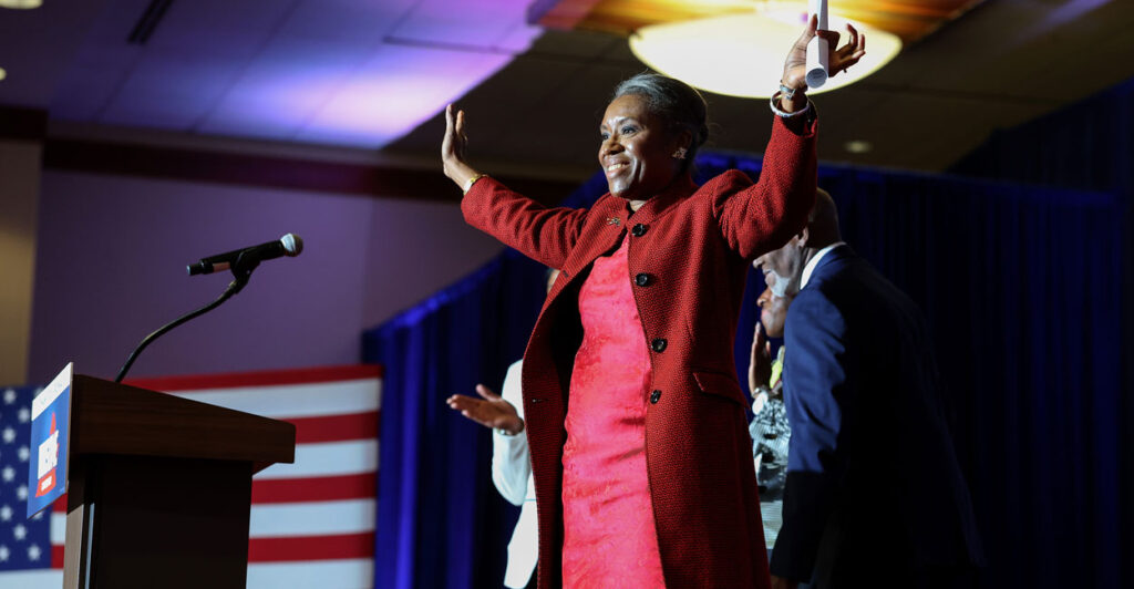 Virginia Republican gubernatorial candidate Lt. Gov. Winsome Earle-Sears delivers her concession speech during her election night watch party at the National Conference Center in Leesburg, Virginia, on Tuesday night.