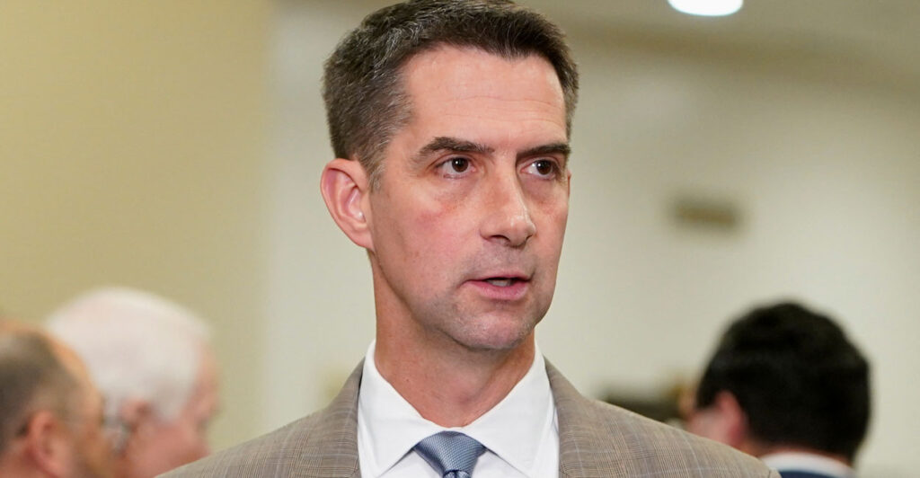 Sen. Tom Cotton, R-Ark., talks to reporters following a closed briefing on June 26, 2025.