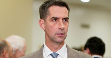 Sen. Tom Cotton, R-Ark., talks to reporters following a closed briefing on June 26, 2025.