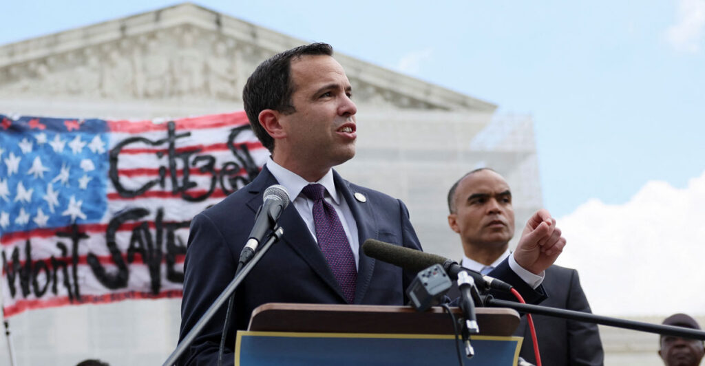 New Jersey Attorney General Matthew Platkin speaks in front of the Supreme Court.