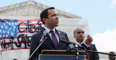 New Jersey Attorney General Matthew Platkin speaks in front of the Supreme Court.