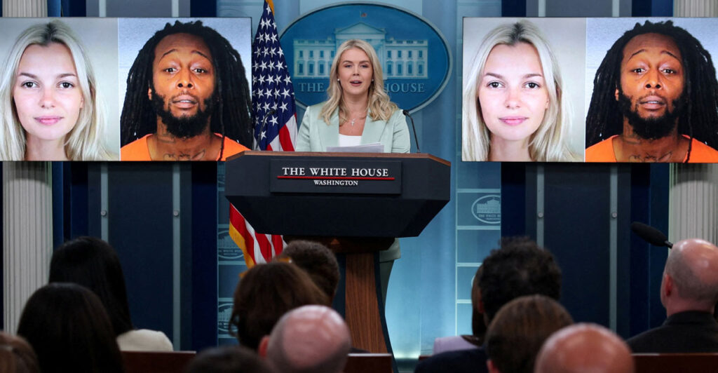 White House press secretary Karoline Leavitt flanked by photos of Iryna Zaruska and her alleged murderer.