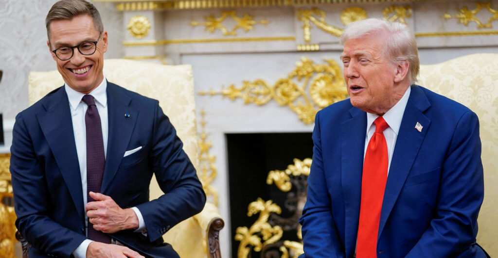 A laughing Finnish President Alexander Stubb chats with President Donald Trump in the Oval Office.