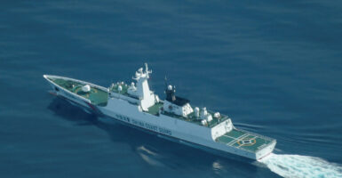 Aerial view of a Chinese Coast Guard ship near the Scarborough Shoal.