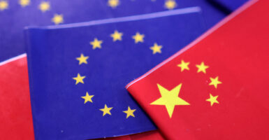 Graphic of Chinese and EU flags.
