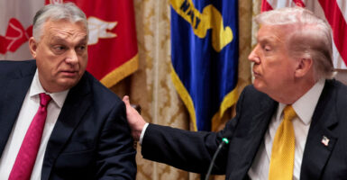 President Trump touches the shoulder of Hungarian President Viktor Orban during a White House meeting.