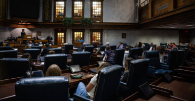 The Indiana State Senate chamber during a legislative debate.