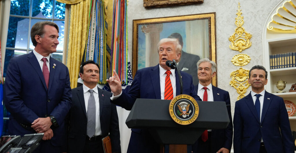 Donald Trump, Dr. Mehmet Oz and other officials in Oval Office.
