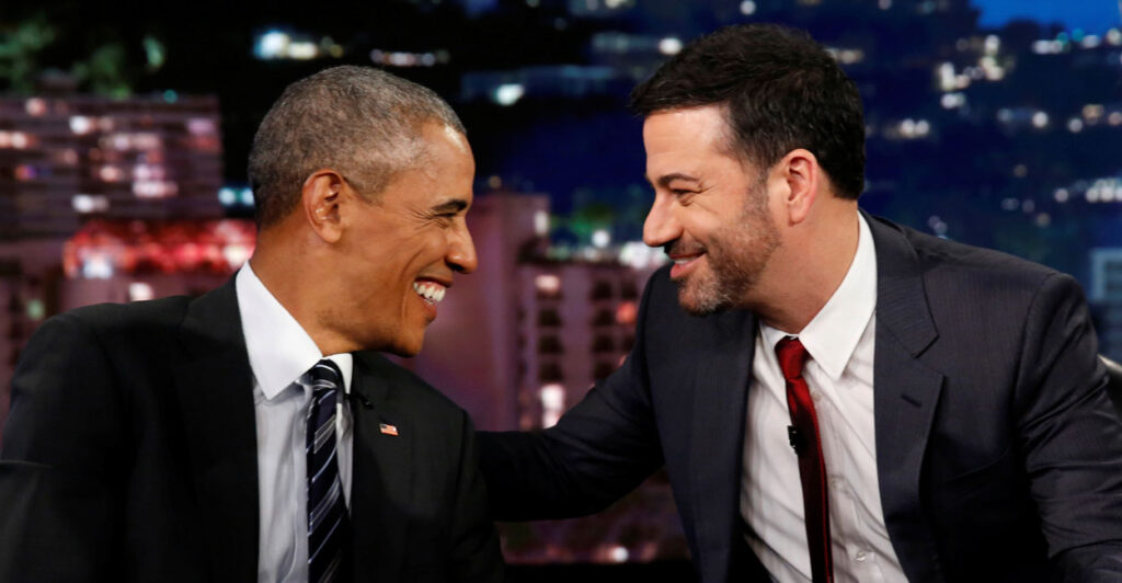 Jimmy Kimmel and Barack Obama smile adoringly at each other on the set of Kimmel's show.