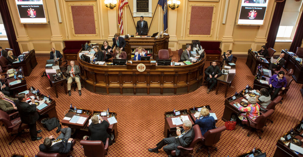 Birdseye view of the Virginia State Senate Chamber in session.