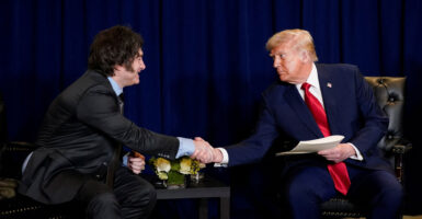 President Donald Trump shakes hands with Argentina's President Javier Milei as they sit in front of a blue curtain.