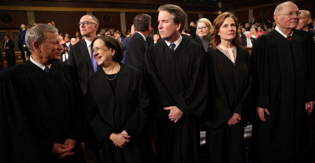 WASHINGTON, DC - MARCH 04: Chief Justice of the Supreme Court John Roberts, Justice Elena Kagan, Justice Brett Kavanaugh, Justice Amy Coney Barrett, and retired Justice Anthony Kennedy attend U.S. President Donald Trump's address to a joint session of Congress at the U.S. Capitol on March 04, 2025 in Washington, DC.