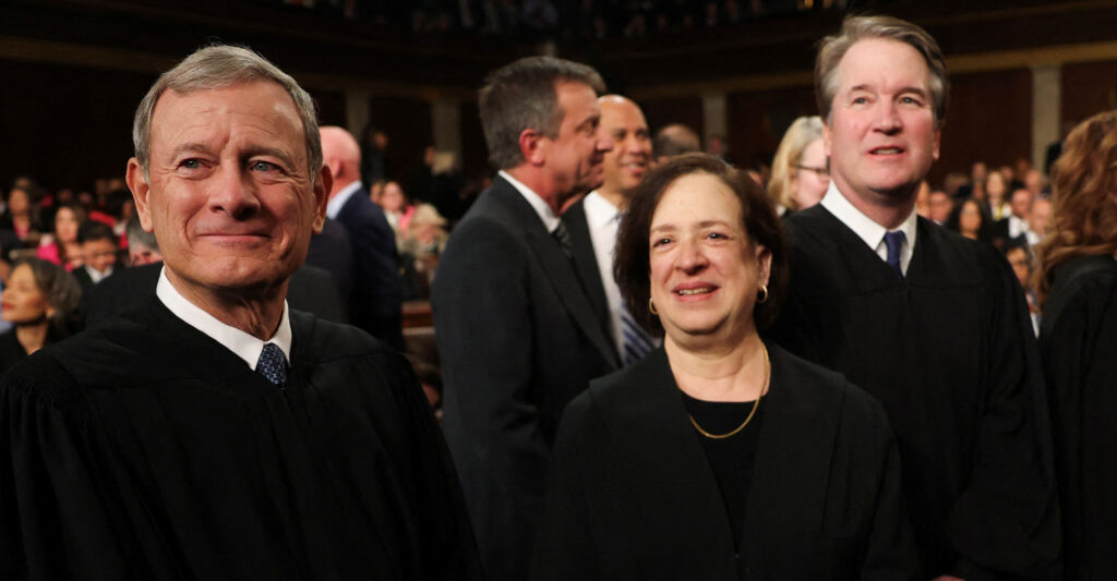 WASHINGTON, DC - MARCH 04: Chief Justice of the Supreme Court John Roberts, Justice Elena Kagan, Justice Brett Kavanaugh, Justice Amy Coney Barrett, and retired Justice Anthony Kennedy attend U.S. President Donald Trump's address to a joint session of Congress at the U.S. Capitol on March 04, 2025 in Washington, DC. Win McNamee/Pool via REUTERS
