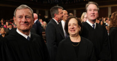 WASHINGTON, DC - MARCH 04: Chief Justice of the Supreme Court John Roberts, Justice Elena Kagan, Justice Brett Kavanaugh, Justice Amy Coney Barrett, and retired Justice Anthony Kennedy attend U.S. President Donald Trump's address to a joint session of Congress at the U.S. Capitol on March 04, 2025 in Washington, DC. Win McNamee/Pool via REUTERS