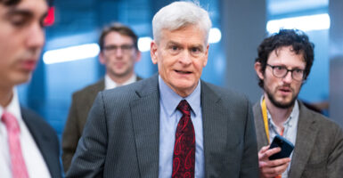 Sen. Bill Cassidy speaks with reporters in the United States Capitol.