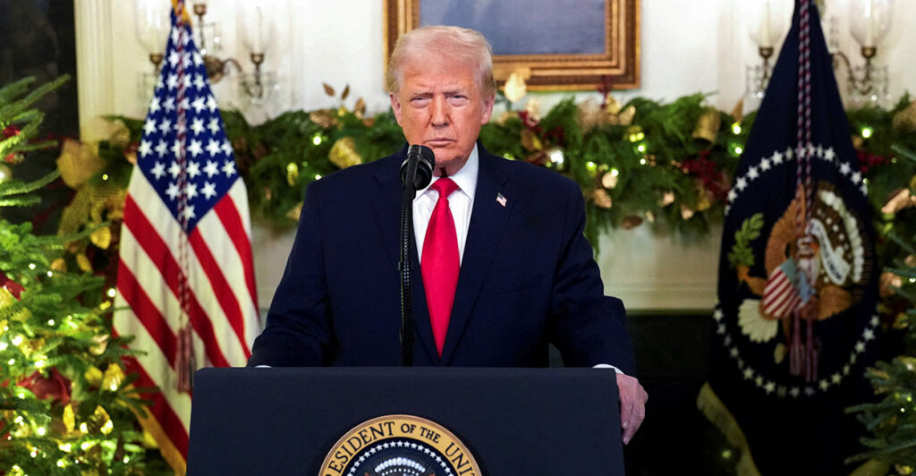 President Donald Trump, pictured delivering an address from the White House, with a fireplace and garland behind him, has been responsible for many of the winners and losers of 2025.