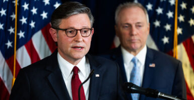 Speaker Johnson and Leader Scalise appear at a House Republican press conference.